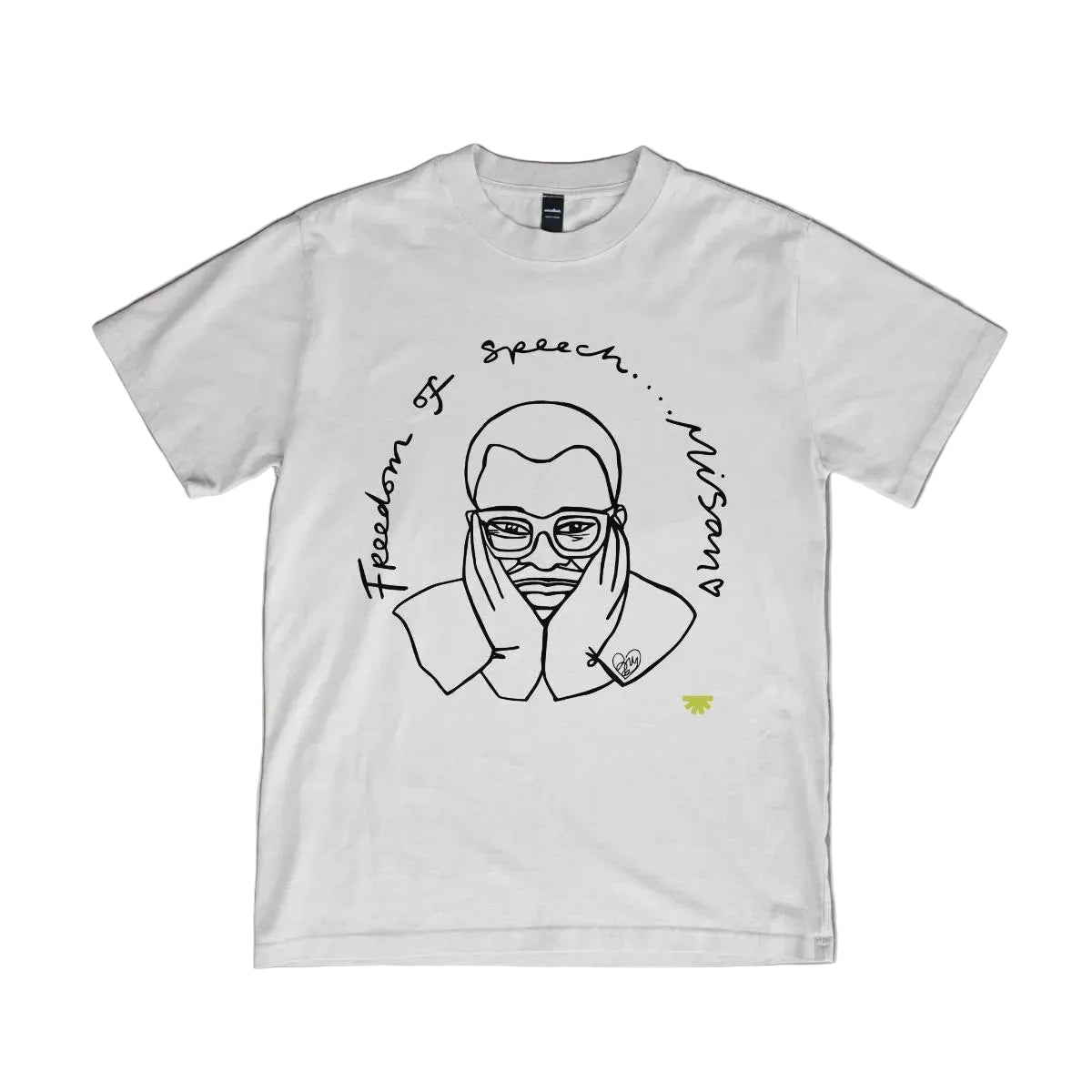 White t-shirt with a graphic design and text on a gray surface