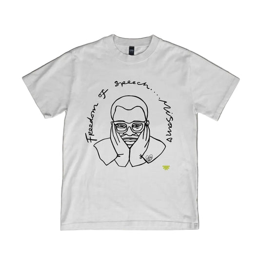 White t-shirt with a graphic design and text on a gray surface