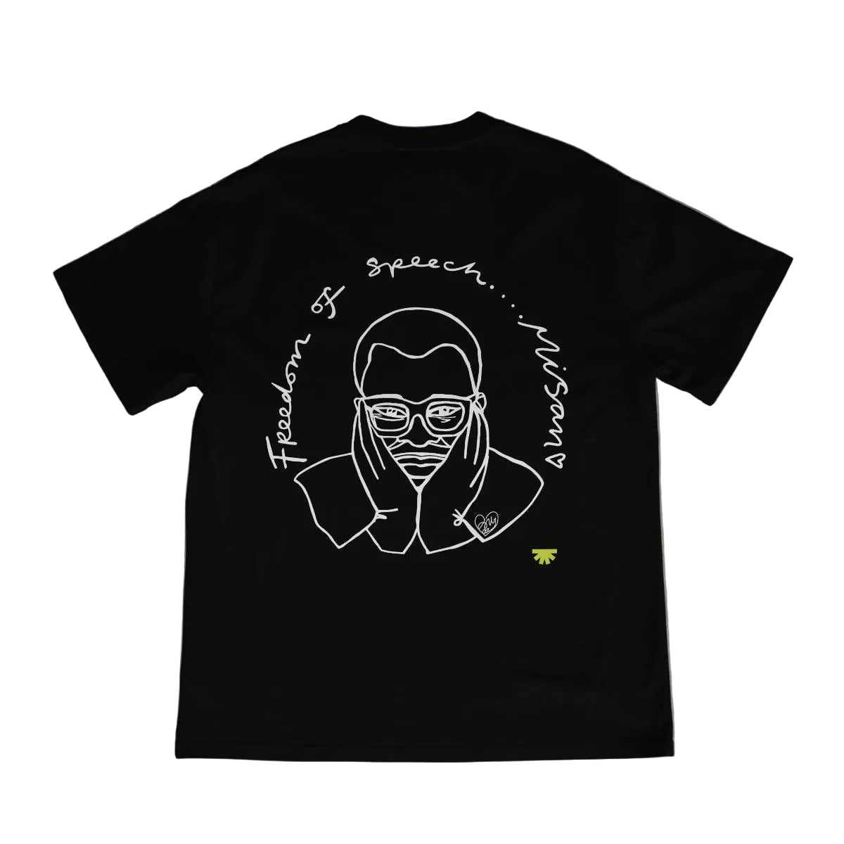 Black t-shirt with white graphic design on a white background